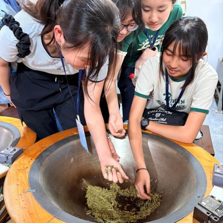 学生于梅家坞村（龙井茶园）体验炒茶工艺